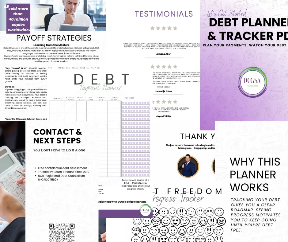 A collage of pages from the DCGSA Debt Planner & Tracker PDF, featuring sections such as payoff strategies, testimonials, contact info, a debt payment planner grid, progress tracker, and motivational messages. The cover includes the DCGSA logo and the phrase: “Plan Your Payments. Watch Your Debt Disappear.